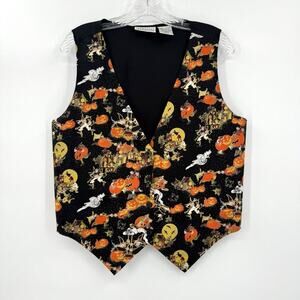 Basic Editions VTG Halloween Vest Womens Large Witch Pumpkin Ghost Cat Haunted